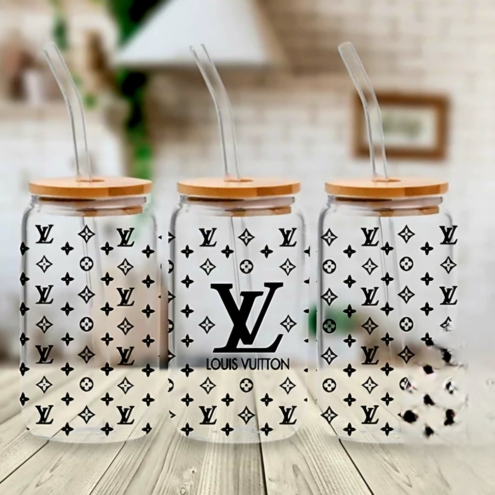 Luxury Designer 16oz Glass Cup with Bamboo Lid & Straw - ONE Cup Only